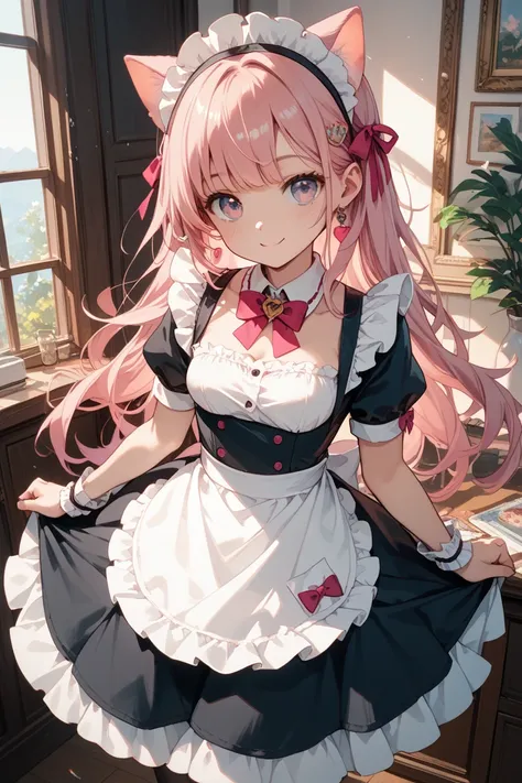 cute  illustration with pink cat ears, pink hair, fluffy atmosphere, pretending maid clothes