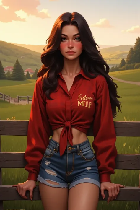 A striking young adult woman with a (tall, athletic build:1.3) and a confident gaze, wearing a cropped (red flannel shirt:1.2) tied at the waist with (gold embroidered text:2.0) on the pocket, resembling the phrase "Future MILF," in a (rustic and bold font...