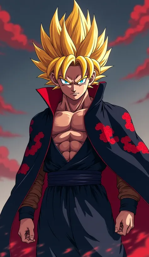 An ultra-detailed, high-quality anime illustration of Son Goku from Dragon Ball wearing the iconic Akatsuki cloak from Naruto. The cloak is black with red clouds, high collar, and slightly open to reveal some of his muscular chest. The cloak flows dramatic...