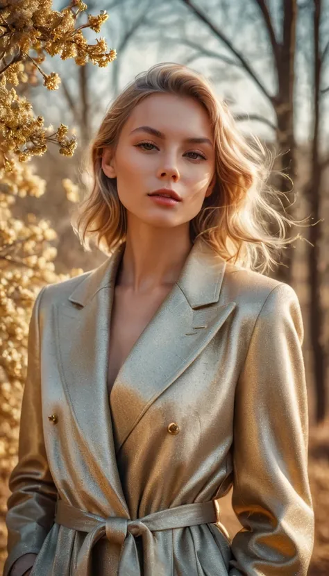 RAW  photography , large portrait, spring landscape , elegant,  absolutely breathtaking blonde,  She wears a stylish spring coat, gldnglry ,  dramatic piece ,  cinematic , smoky ,  atmospheric, magical realism, raytracing,  sharp focus , 8 k, hips, HDR,  M...