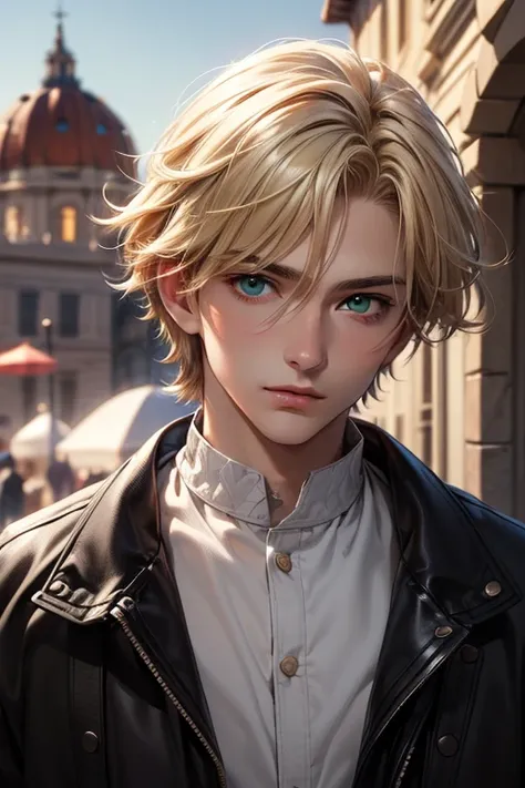 anime boy, handsome face, (face detail), blond hair, (hair detail), green eyes, (ultra eye detail), wearing winter clothes, (clothes detail), (body detail), charming gaze, rome city background, (background detail), (make clear and good picture), (make 4k a...