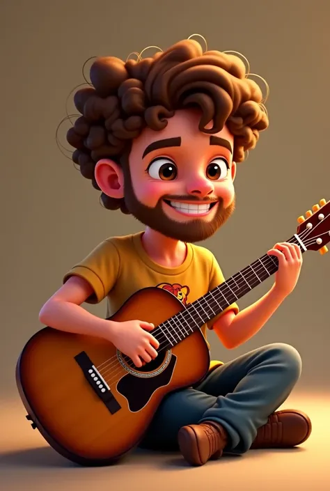 Please help me create an adorable Disney image of a young man playing guitar sitting on the floor with curly light brown hair and light brown beard, brown eyes, white skin with Simba the lion king's t-shirt. 