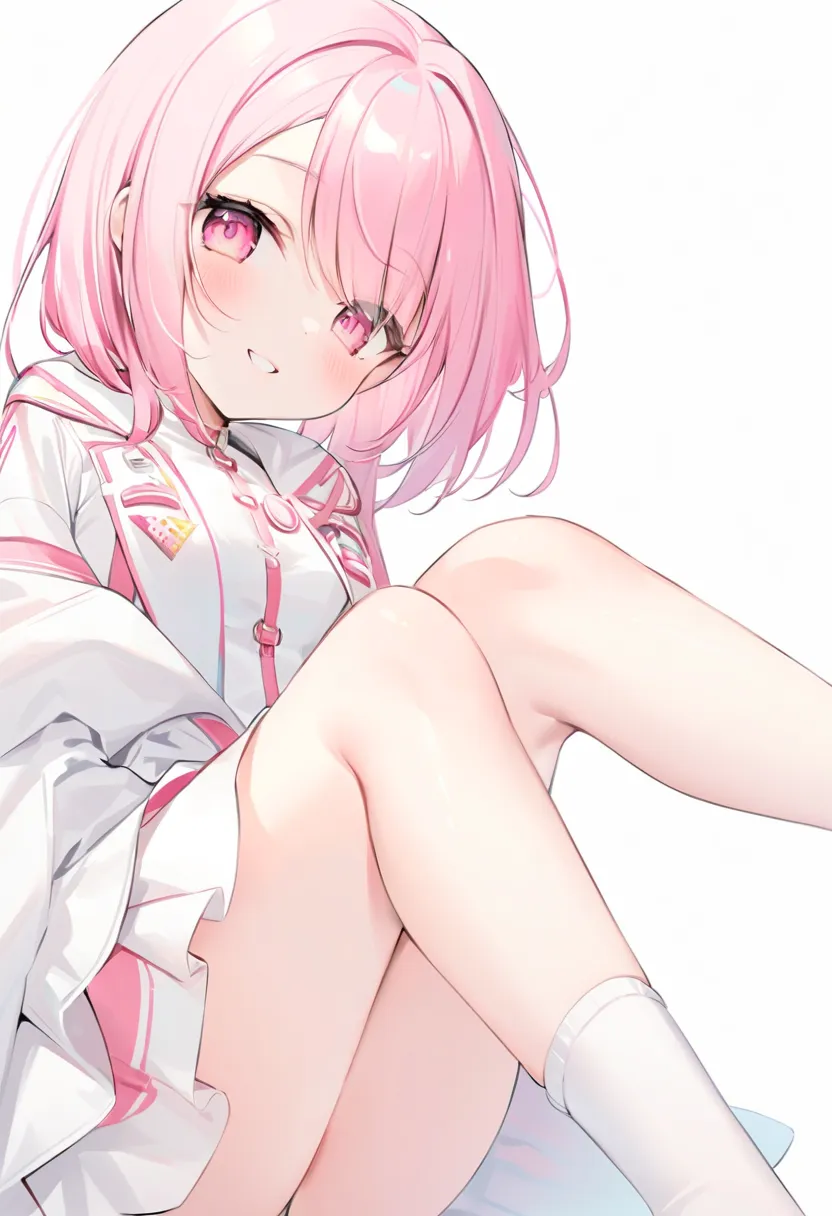  girl、 pink hair、 pink eyes、smile、Bobbed hair、 white coat、 white mini skirt 