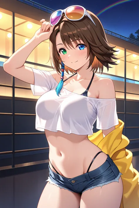 NSFW,Masterpiece,top quality,Hi-Res,very detailed,Yuna\(Final Fantasy X\),blue eyes,brown hair at the gym,green eyes,hair ornament,rainbow heterochromia,short hair,crop top shirt,off the shoulder on the head,denim shorts in the summer city,high leg bikini,...