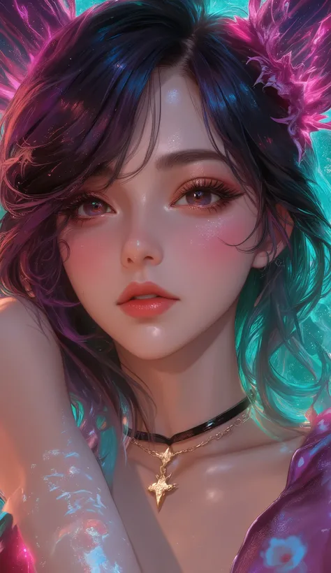 Close-up of a woman with  colorful hair and necklace, Cosmic Haired Anime Viera Girl, The gentle vitality of rose roses,  Gouvez Style Artwork ,   Fantasy Art Style ,  colorful],  Vivid Fantasy Style, Ross draws vibrant cartoons, cosmic and  colorful, Gwai...