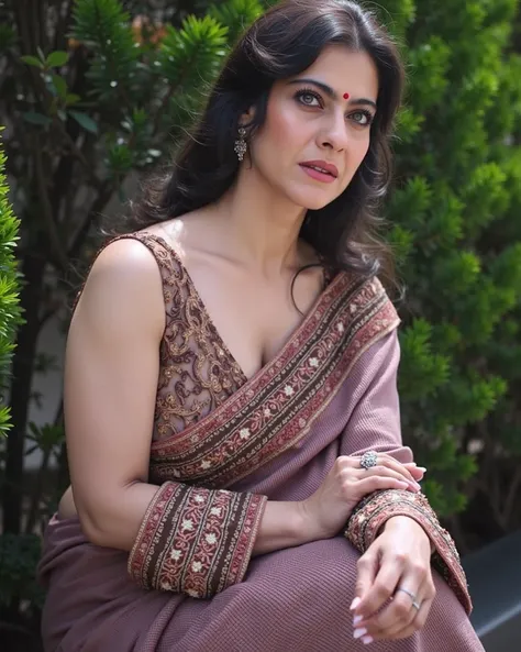 Full body photo portrait of Indian heroin ((Kajol)), wearing maroon saree with slaveless blouse, looking at viewer, red Bindi on forehead, her hands up, big breast thick thighs, bangles on both hands, horny face, good proportion, front focus, (realistic ey...