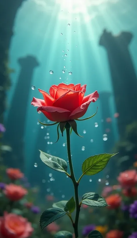 dynamic distante view"A small, vibrant red rosebud floats gently in a surreal underwater environment, surrounded by crystal-clear waters and shades of blue and green. The rose is surrounded by tiny air bubbles that slowly rise, creating a mesmerizing effec...