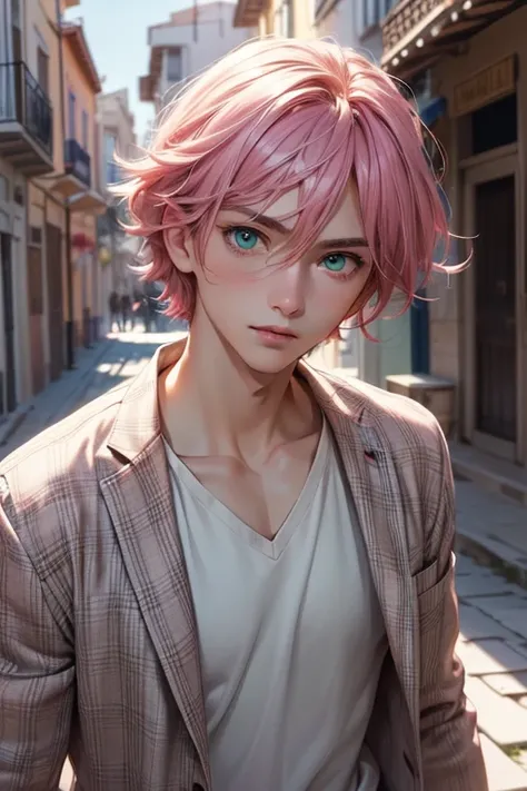 anime boy, handsome face, (face detail), pink hair, (hair detail), light green eyes, (ultra eye detail), wearing spring clothes, (clothes detail), (body detail), charming gaze, greek city background, (background detail), (make clear and good picture), (mak...