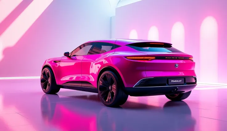 Generate the image exterior An ultra-realistic, futuristic  left  and right side view of a  (2025 Tata Harrier )  (pink) seating pristine showroom The rear  plate reads[ Tata ].