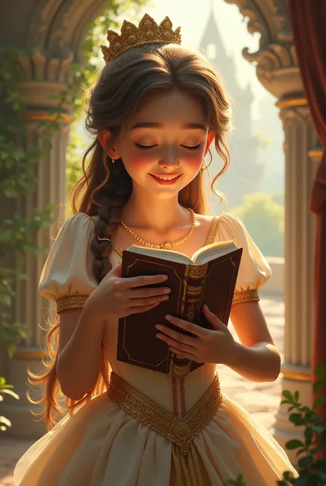 A princess hugging her book happily in her kingdom