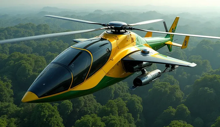 A high-tech helicopter with an aerodynamic design, featuring the Brazilian flag on its body, flying over the Amazon rainforest.