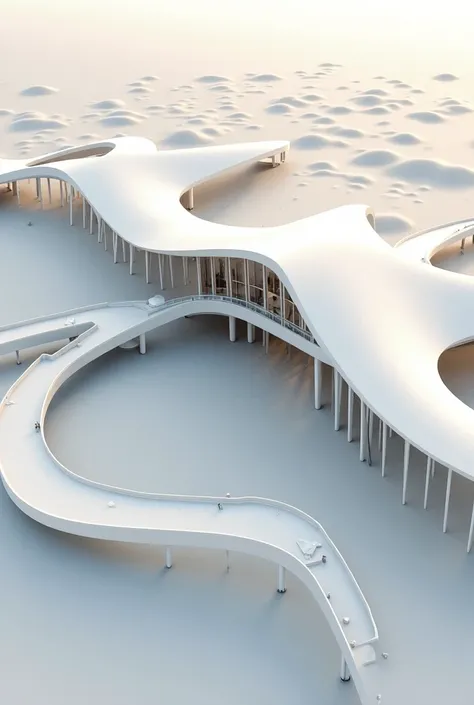 Future Architecture ， Aerial view ， with white as the main tone ，Using steel structures and glass materials ，Mimicking the shape of a skeleton 、Shape of the eye， to create a light and pure visual effect ，In the desert， demonstrates Santiago Calatrava's pur...