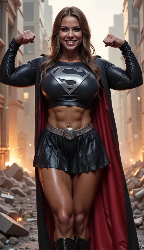 A MATURE CUTE LATINO LONG GREY HAIR WEARING A WET SHINY FABRIC LONG SLEEVE BLACK CROP TOP WITH A SILVER "S" EMBLEM AND SILVER TRIM ON THE SLEEVES, A SHORT BLACK PLEATED SKIRT WITH A SILVER SUPERGIRL BELT, A PAIR OF TALL BLACK BOOTS WITH SILVER TRIM, AND A ...