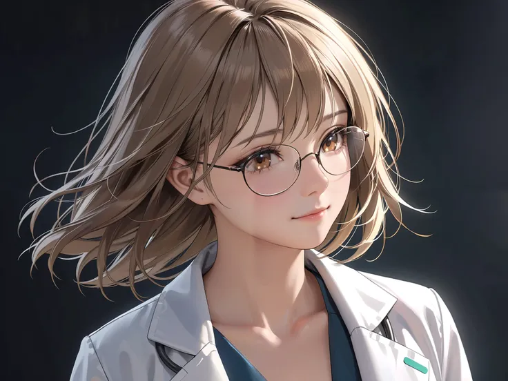 ( highest resolution:1.4、 clear_ images) top quality、best quality,  Solo Girl、​masterpiece、 very detailed、 realistic、 18yo、 young、  exquisite facial features  ,sex appeal 、 random hair、cowboy shot, side glance,  looking afar, doctor’s coat, rimless glasses...