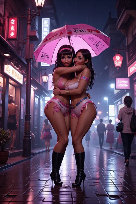 streets of Bangkok, rainy night, 2 cute women (sexy venera, age 20, big breasts with natural sag, colorful slutty outfits for clubbing, matching makeup and hair, matching boots, Big Umbrella with \Get me wet!' written clearly on it) the women are deeply in...