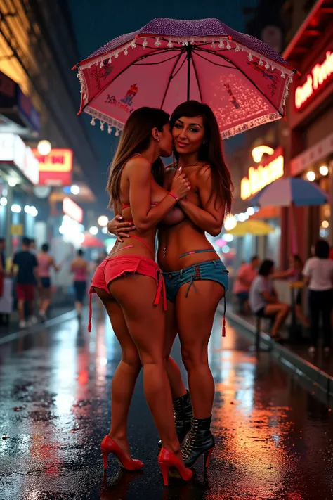 streets of Bangkok, rainy night, 2 cute women (sexy venera, age 20, big breasts with natural sag, colorful slutty outfits for clubbing, matching makeup and hair, matching boots, Big Umbrella with \Get me wet!' written clearly on it) the women are deeply in...