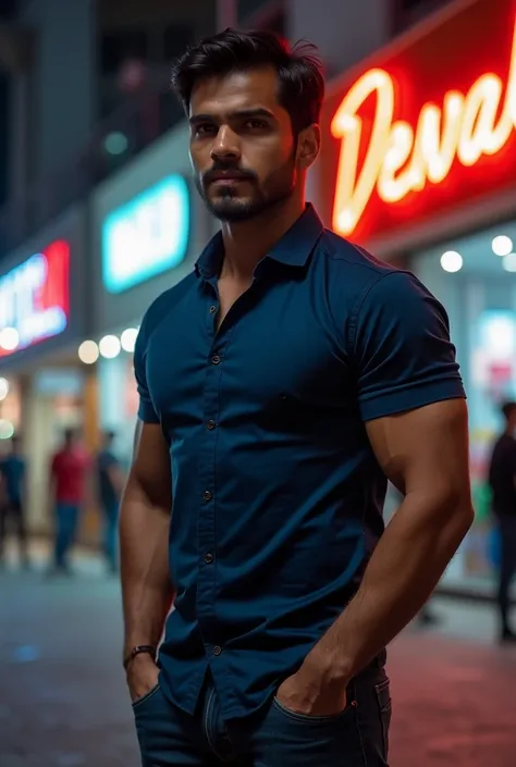 Indian man standing, (have a mustache:0.4) , (short hair:1.6), The forearms are muscular., (Collared shirt with buttons:1.2), (Navy blue shirt:1.2),Jeans, Big muscles, Handsome and muscular, full body angle, (In front of the department store:1.1), , (night...