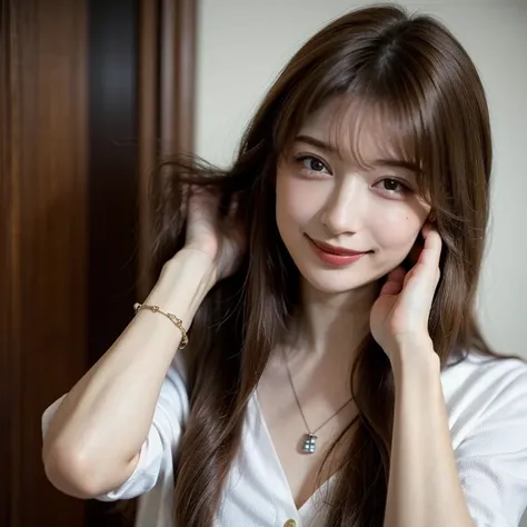 a woman with long hair holding her head, smile, brown hair, shirt, necklace, mole, bracelet, mole under mouth, hands on own head