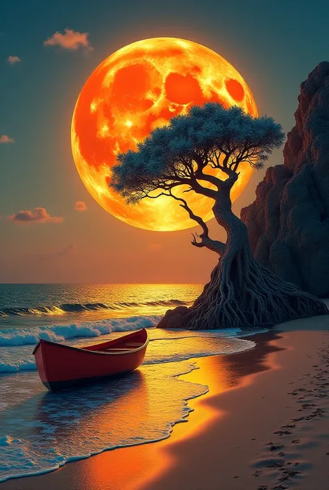 This image depicts a mesmerizing and surreal scene. It showcases a tranquil beach where gentle ocean waves are rolling onto the shore. A small wooden boat, painted in a reddish-orange hue, rests on the water near the shoreline, reflecting the glow of the m...