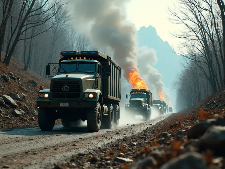 drawing the mountain route of Vietnam, the forest will be sparse and bare, there are transit convoys passing by with fire smoke effects
in close-up view of the convoy