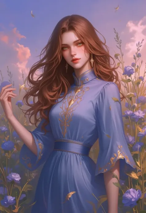 RHFG, A woman named Elara, her skin tanned and eyes a deep forest green, donned a flowing azure dress adorned with golden embroidery. Her long, wavy chestnut hair cascaded down her back, and her face bore a serene smile. The backdrop was a tranquil meadow ...