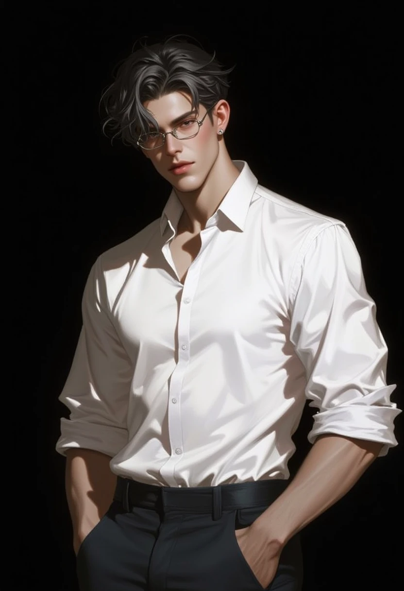 RHFG, A handsome man with tousled hair and square, metal-framed glasses. His face was angular, and he wore a crisp, white shirt tucked into slim-fitting jeans. The background is a deep, velvety black, making his features stand out in stark contrast. The li...