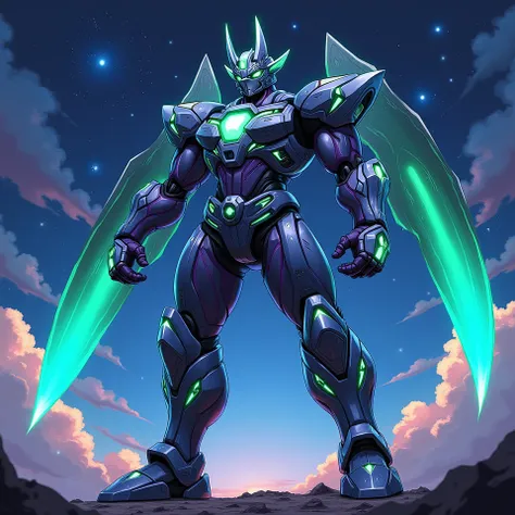 PROGEMON UNITES BODY WITH MUSCULATURE,4K,bright,Graphics,, anime stripes, ,Inhaling colors ,Purple, Blue, Green Tone, Masterpiece,The night sky has a cluster of stars,Seeing a meteor in the sky,The body part is equipped with a jet suit.,Fight against the h...