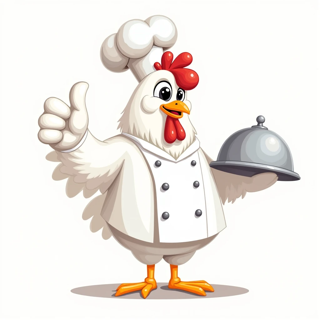 create a illustrator vector image of white chef chicken hold a tray and thumbs up 