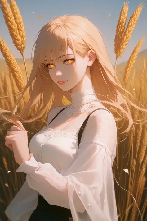 anime art of adult woman / medium height / yellow eyes / white lace dress tender, long air sleeves, with a beautiful neckline/long beige straight hair/ masterpiece  /with flower on the head on both sides /wheat field /thick black eyeliner / 8K /it's early ...