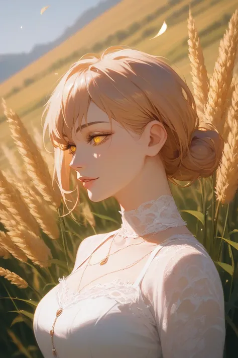 anime art of adult woman / medium height / yellow eyes / white lace dress tender, long air sleeves, with a beautiful neckline/long beige straight hair/ masterpiece  /with flower on the head on both sides /wheat field /thick black eyeliner / 8K /it's early ...