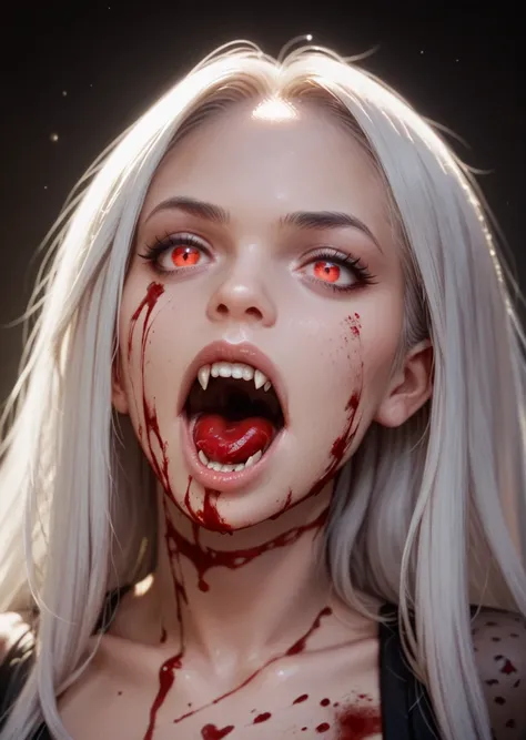 EDA,1girl, solo, long hair, white hair,vampire, fangs,open mouth,blood on face,
