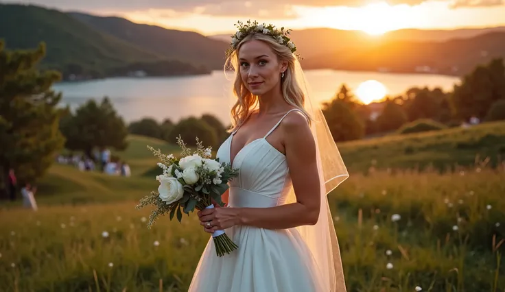 "A 28-year-old woman with straight, blonde hair that falls softly over her shoulders, striking blue eyes, and fair, glowing skin. She is wearing a classic yet modern white wedding dress, featuring a sweetheart neckline that highlights her shoulders and déc...