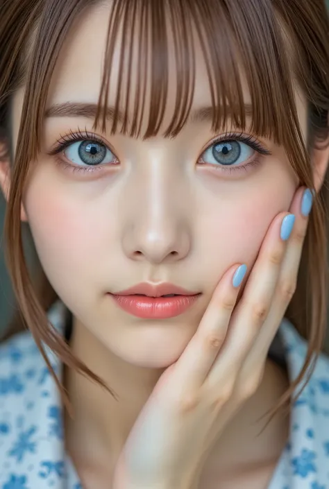 blue eyes and Close up of a young woman with blond hair in the background. she looks directly into the camera with an intense gaze . her right hand touches her face , spreads her fingers slightly across her cheeks and lips , with light blue nai...