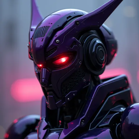 a dark cyberpunk world, Mecha gundam, black and purple gundam, highest quality (portrait angle) (evil, machiavellian, calculated) 
, robot, highest quality   ,A dark cyberpunk world、1 male ( dark cyberpunk world,  male asian Robot, white robot face(jaguar ...