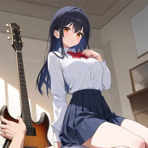 ( Masterpiece,  top quality:1.2)、Music preparation room 、break、 high school girl、 Oshitoyaka、clear、 is so lovely、 plays guitar、break、Dress shirt on top、 underneath is a navy blue pleated skirt、clearな黒髪、Amber Eyes、 long hair、( top quality),( ultra detail),(...