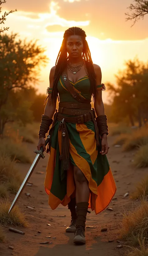 A beautiful 20-year-old South African assassin from the 13th century walks with quiet confidence in the golden glow of the setting sun. Her long dreadlocks are tied back neatly, sexy, big boobs, revealing a focused and determined expression. She wears a tr...