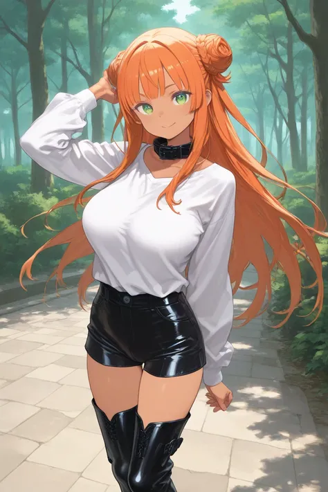  one young woman、Kuroboshi,Isekai Fantasy-style Gunman Girl、Two pistols 、swm29 、 revolver、thigh leather boots、、 Confident Expression 、 orange hair、 bun hair、 long hair、White shirt with collar、 leather shorts 、Big Breasts、 thighs、｛ thighsホルスター｝、 brown skin、...