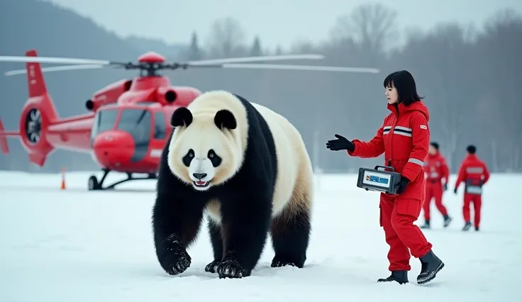 a majestic Giant Panda Walking Happily on a blanket of pristine snow, A Chinese Short Cut Straight black Hairs Young Woman Waving Hand To Panda Standing Infront Of Red Helicopter Wearing Full Red Rescue Uniform, Two Man Standing Behind Holding First Aid, A...