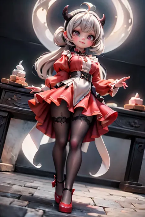 Under the radiant moonlight, a charming horned plump girl with striking red horns and snowy white hair styled in intricate salon layers, adorned with vibrant big red hairbows, hurries across the mystical terrain of the magical bakery at night. Her features...