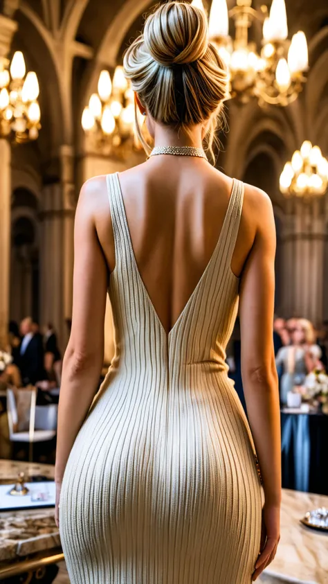 (date:20250212, By:JouliosJack) babes , Beige ribbed dress , big size ass , view from behind,  (masterpiece, best quality, ultra-detailed, illustration, epic lighting, cinematic composition)