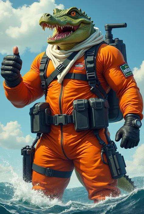 (A rugged beefy extremely muscular bulky smiling crocodile man), (wearing orange fully-zipped fullbody wetsuit), thumbs up pose, wearing bulky harness, wearing bulky scuba gear, wearing white hero scarf, muscular physique, toned muscles, fierce, heroic, ac...