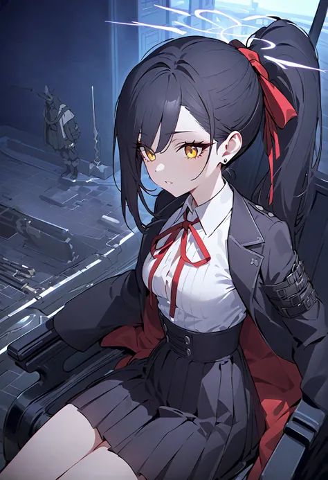 ( score_9, score_8_ up the side, score_7_ up the side, )， Masterpiece,  in the seat, Sword Halo , Hunter \(Bloodborne\),  above Decorati has ,  kha _two,ponytail,yellow eyes,black hair,black gloves,earrings，black jacket, black skirt, collared shirt, hair r...