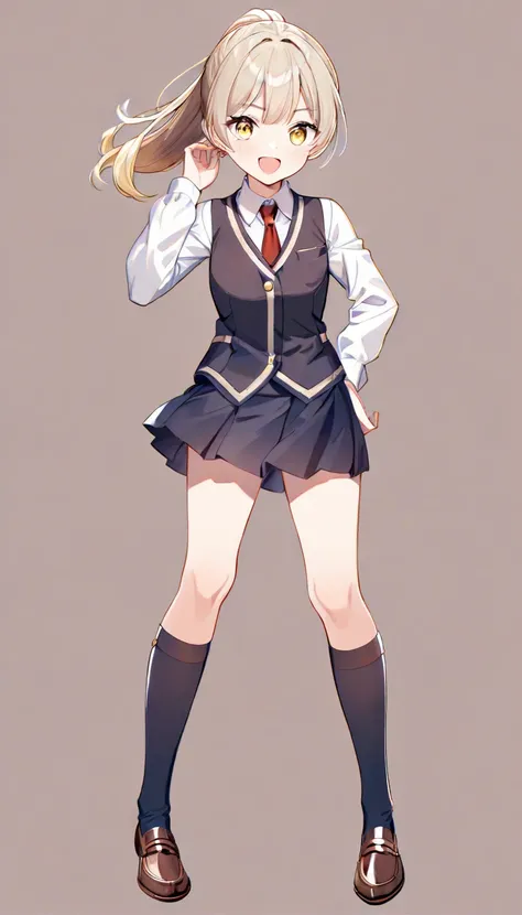 schoolgirl, standing, looking at viewer, smiling, best quality, yellow eyes, ager, school uniform,vest, red necktie,white long sleeve shirt, ponytail, eyes open,whole body,brown loafer,double eyelid,navy mini skirt,paired with navy knee-high socks, gradien...