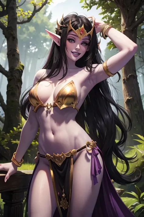 masterpiece, Best Quality,1 Girl, Solo, forest, trees, long Black Hair, Black Eyes, Long Hair, Pale Skin, Pointy Ears, Belly Button, Neckline, Bracelet, gold and purple Bikini Armor, Pelvic curtain, purple Loincloth ,small Breasts, Purple Lips, Elf, tattoo...