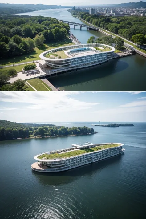 Future Architecture ， Aerial view ， with organic shapes and natural inspiration at its core ，Honeycomb appearance ，Mimicking the shape of a skeleton 、Shape of the eye， creates a fluid and elegant structure ，Like a big boat floating on the sea， showcases Sa...