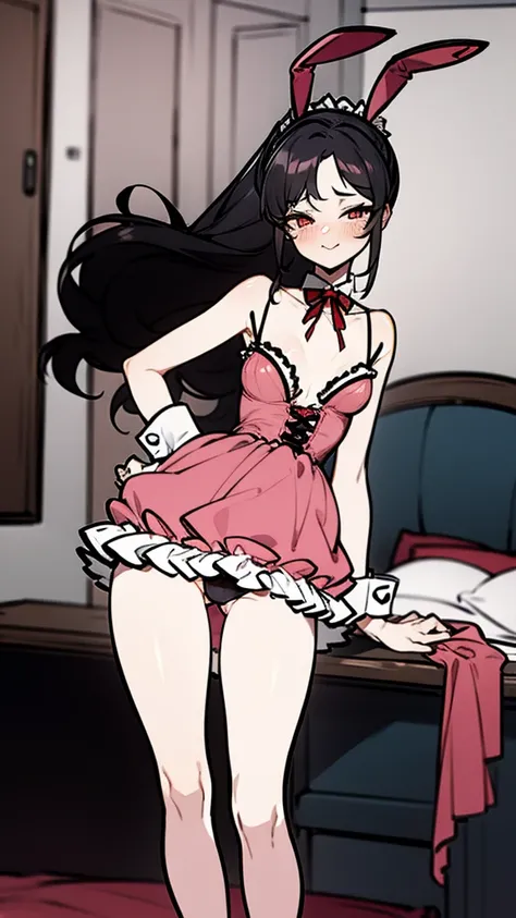  wearing panties , Waist length wavy black hair, penetrating gaze with deep red eyes, average height,  black hair long to the waist, Silky hair with a ponytail hairstyle tied with a red ribbon with two white lines, has a vagina, has breasts, breast cup to,...