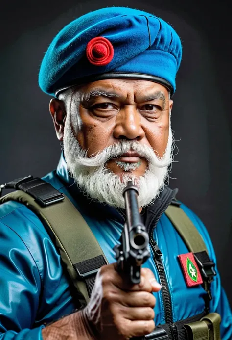 (a bearded fat old man in a bulky blue zipper diver suit) holding a gun and (wearing army beret on his head), muscular, Basuki Abdullah, sumatraism, action, a character portrait, heroic, fierce, snarling