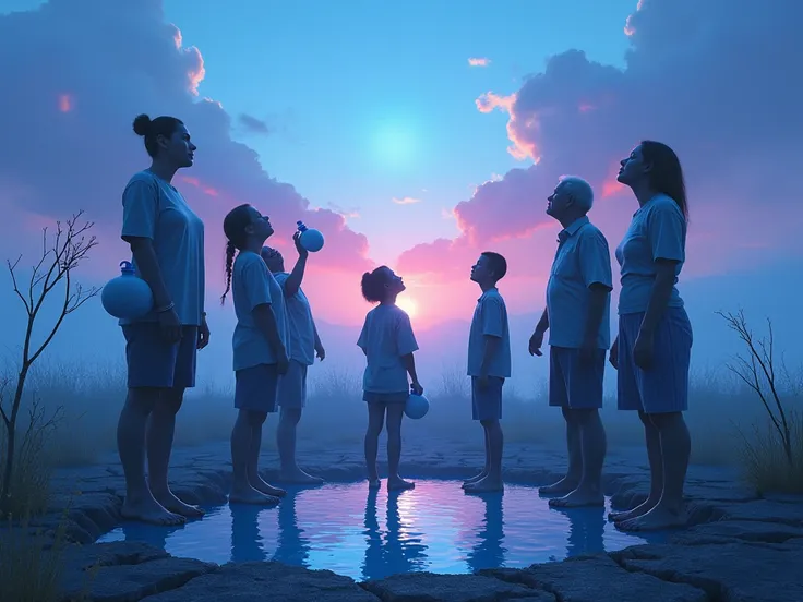 A surreal and emotional depiction of water scarcity. A group of people, including ren and elderly, stand around a nearly dry water source, holding empty containers and looking up at the sky with hope. The environment is barren and cracked, symbolizing drou...