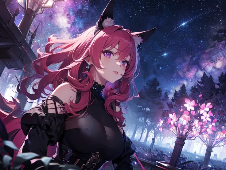 (Solo, girl with horse ears and tail)
(Round chest)
((Black tunic, black high neck, black neckline, black see-through long sleeves)))
((Sitting, hands on hips))
(Long red hair, curly hair, purple eyes, piercing eyes)
(Evil face, pink lipstick)
(Crystal zon...