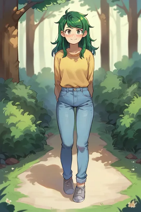 1 girl, solo, Wallflower Blush, Full body, smile, forest background, grey shoes, looking aT viewer, STAnDING, NO EArRINGS, light blue jeans, green hair, long sleeves, hands behind back